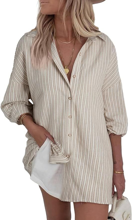 Astylish Women Oversized Button Down Striped Shirt V Neck Long Sleeve Blouse Casual Linen Top | Amazon (US)