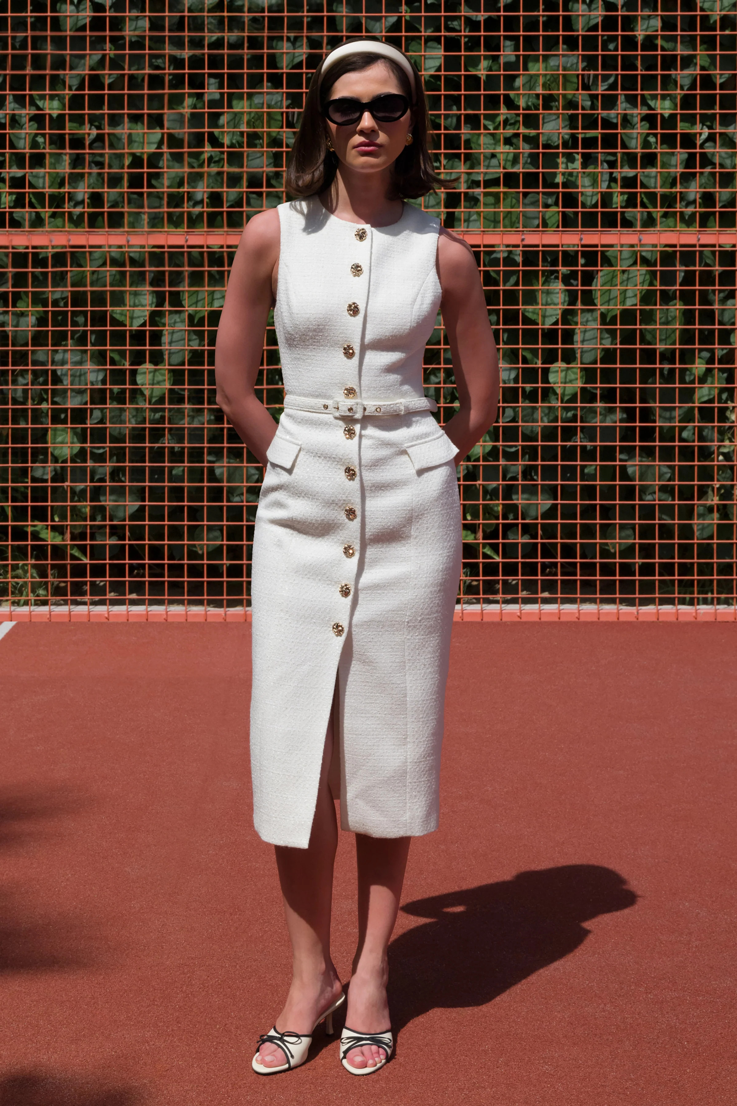 Clea | Cream Crew-Neck Belted Midi Dress With Front-Pockets | Club L London
