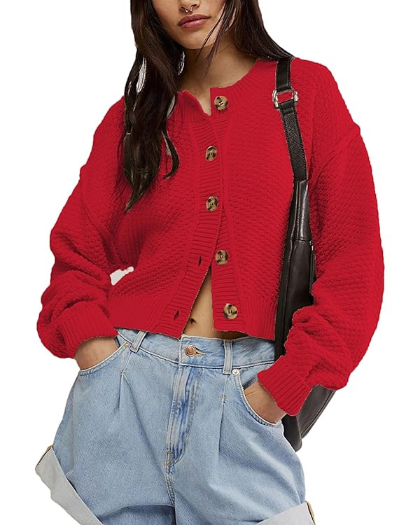 Zontroldy Womens 2025 Spring Fall Casual Cropped Cardigan Button Front Solid Color Striped Long S... | Amazon (US)