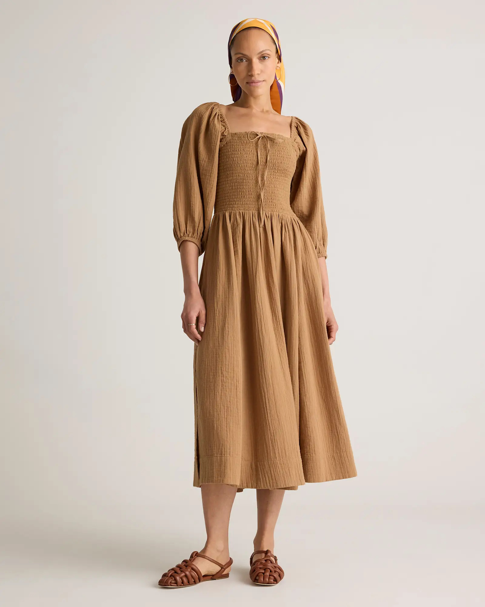 100% Organic Cotton Gauze Smocked Square Neck Midi Dress | Quince