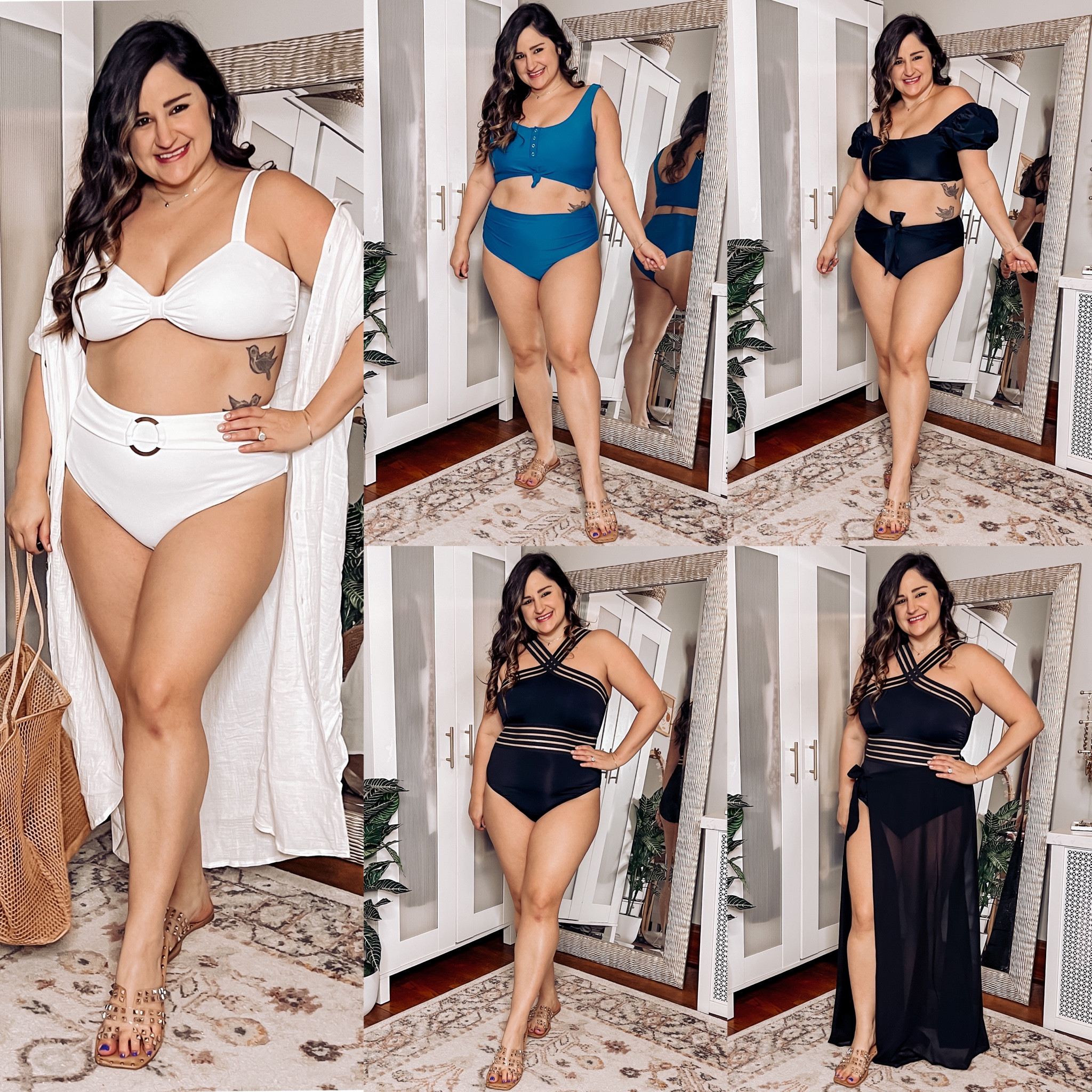 Amazon swimwear! 

White bikini: XL
Blue bikini: XXL
Black bikini: XL
Black one piece: XL

White lining coverup buttons up and the sheer black cover up ties at the waist. 

Amazon swimsuits, one piece swimsuit, high waisted bikini, black swimsuit, white swimsuit, #LTKcurves 

#LTKtravel #LTKswim