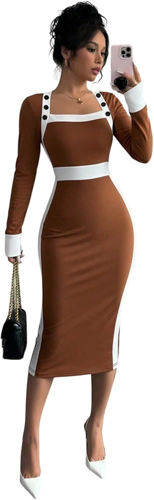 SOLY HUX Women's Long Sleeve Square Neck Bodycon Elegant Midi Dress Pencil Cocktail Party Dresses | Amazon (US)