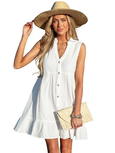 CUPSHE Women Swimsuit Coverup 100% Cotton Ruffle Hem Beach Cover Up Dresses White, L | Amazon (US)