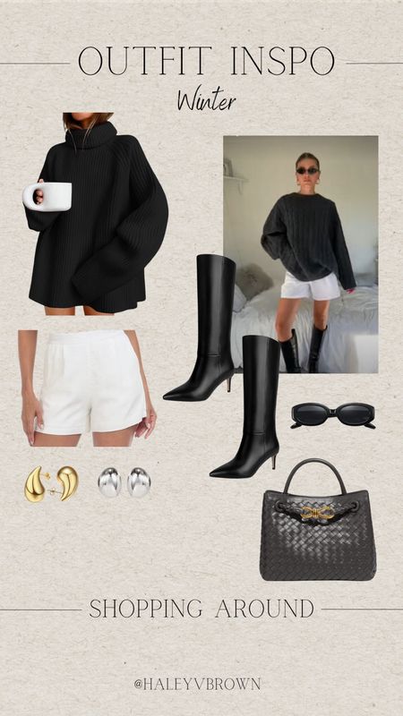 Chunky grey sweater, white linen shorts, black calf boots, chunky gold earrings, chunky silver earrings, Bottega Veneta purse, Bottega dupe, black sunglasses, winter outfit, winter outfit inspo, winter lunch date outfit, black chunky sweater, black turtleneck sweater, Pinterest outfit, winter aesthetic outfit 

#LTKSeasonal #LTKstyletip #LTKshoecrush