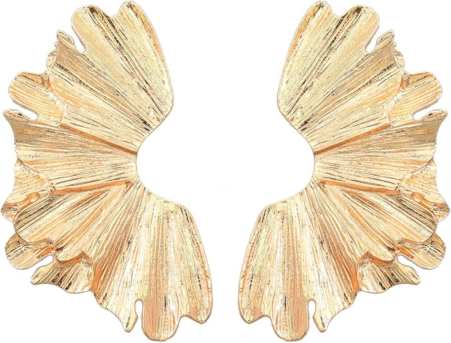 Gold Flower Earrings for Women Ginkgo Leaf Earrings Large Geometric Statement Stud Earrings Exagg... | Amazon (US)