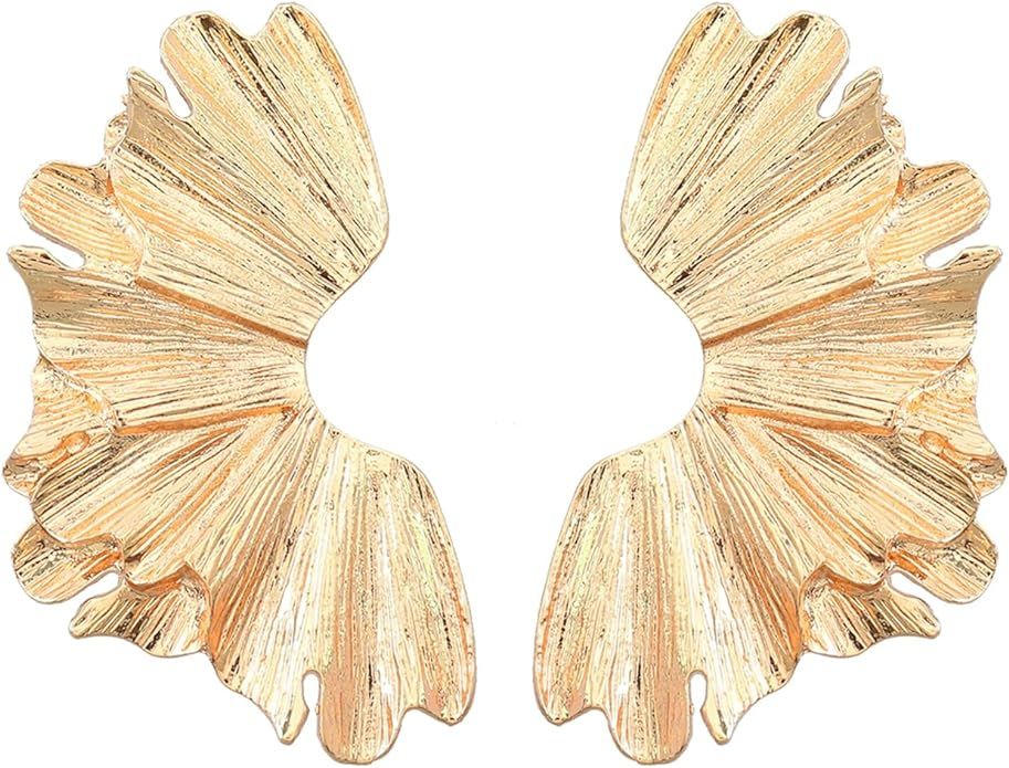 Gold Flower Earrings for Women Ginkgo Leaf Earrings Large Geometric Statement Stud Earrings Exagg... | Amazon (US)