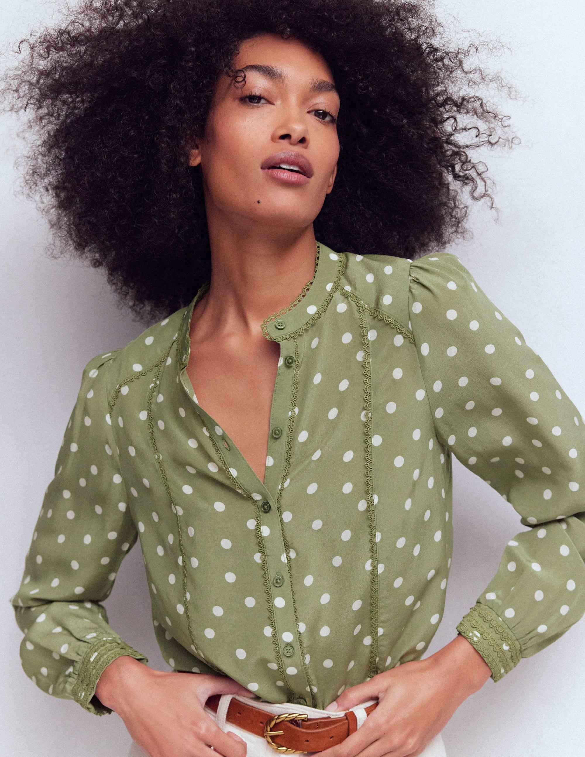 Rhea Trim Detail Silk Top-Larch Green, Painted Dot | Boden (US)