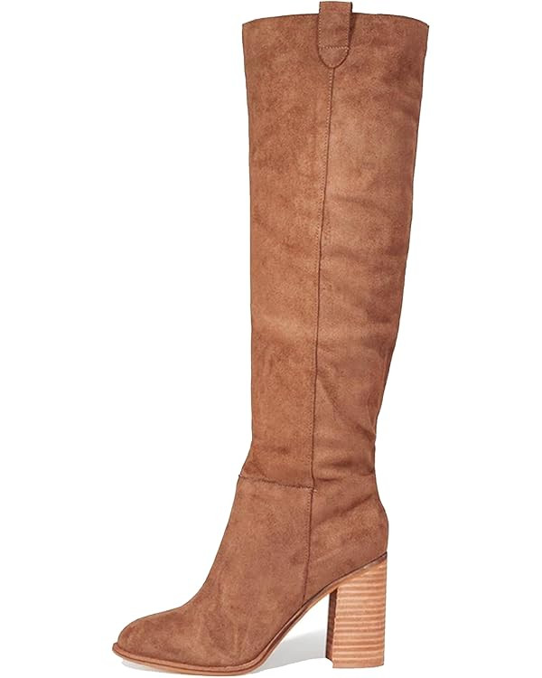 Erocalli Suede Boots for Women High Heel Boots Chunky Block Heel Knee High Pointed Toe Dressy Out... | Amazon (US)
