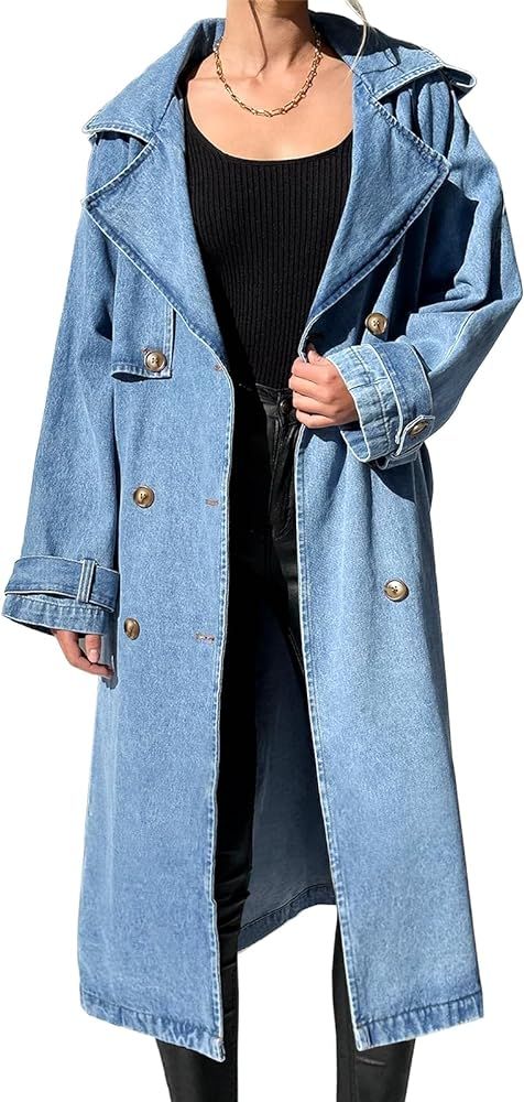 Fazortev Women's Long Double Breasted Denim Jacket Oversized Button Down Maxi Jean Coat Classic L... | Amazon (US)