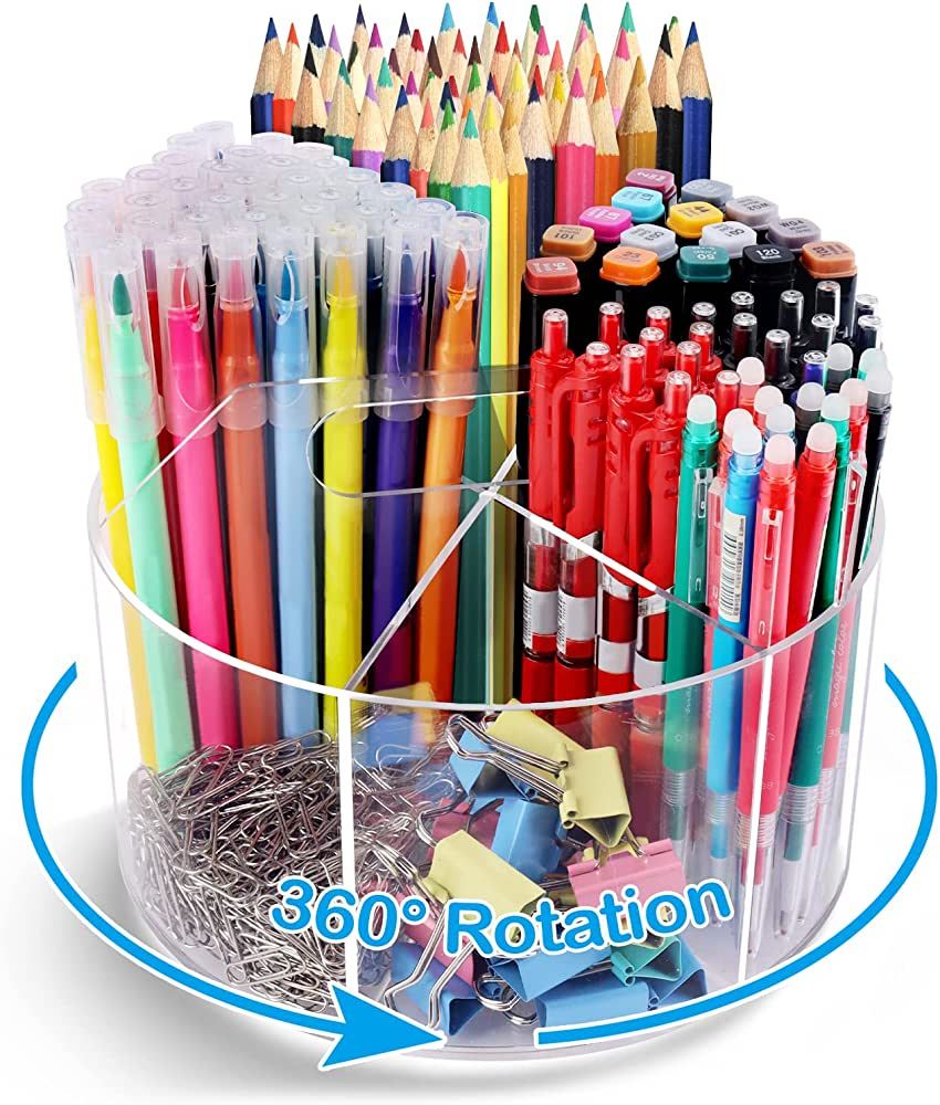Acrylic Pen Holder Pencil Organizer, 360-Degree Rotating Pencil Holder, Crayon Organizer for Kids Ma | Amazon (US)