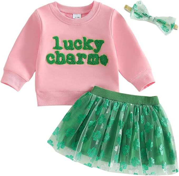 Toddler Baby Girl St Patricks Day Outfit Little Girl Clothes Skirt Set Lucky Charm Sweatshirt Clo... | Amazon (US)