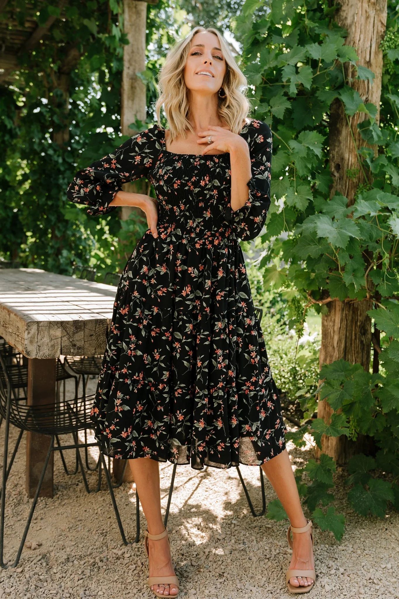 Marta Smocked Midi Dress | Black Floral | Baltic Born