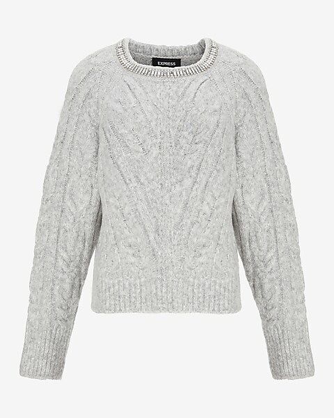 Cable Knit Embellished Neckline Sweater | Express