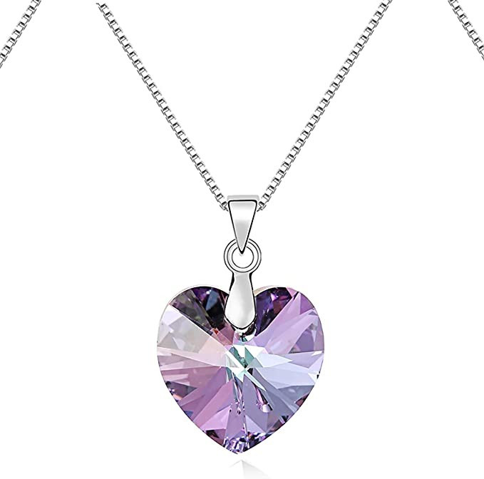 Amazon.com: Silver Heart Necklace for Women, Crystal- Purple heart necklace-Cadena de Plata 925 p... | Amazon (US)