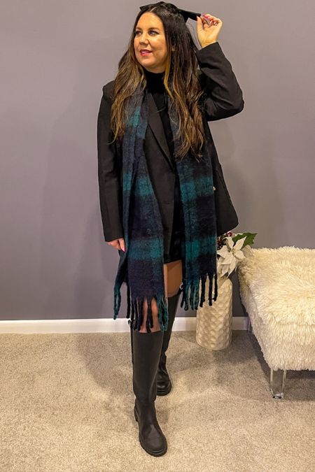 Winter outfit, holiday outfit, Christmas outfit, black watch plaid scarf, rubber boots, tall boots, wide calf boots, plaid oversized blanket scarf, black oversized blazer, plaid hair bow, black sheer tights, plaid mini skirt on sale for 25% off!!

#LTKSeasonal #LTKHoliday #LTKxAF
