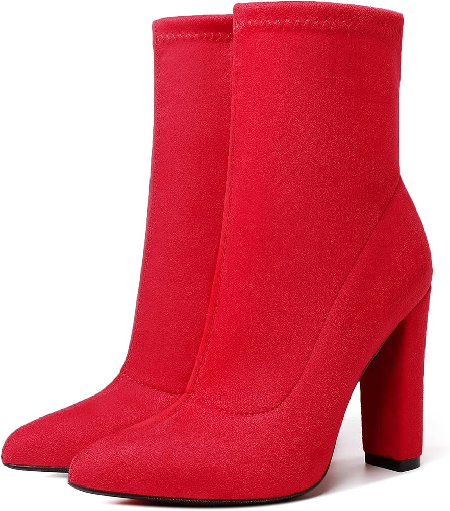 risdoada Women's Sock Boots Chunky Heel Ankle Booties Elastic Suede Pointed Toe Fall Winter High ... | Amazon (US)