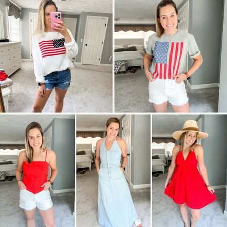 Patriotic looks, outfits for Memorial Day, outfits for the 4th of July, flag sweater, USA outfits, red white and blue outfit, denim dress, maxi dress, flag tshirt, triangle dress, halter dress, red dress, low back dress


#LTKFindsUnder50 #LTKSeasonal #LTKSaleAlert