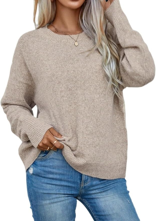 Women's Fall Sweaters Tops Round Neck Solid Drop Shoulder Sweater Long Sleeve Casual Pullover Jum... | Amazon (US)