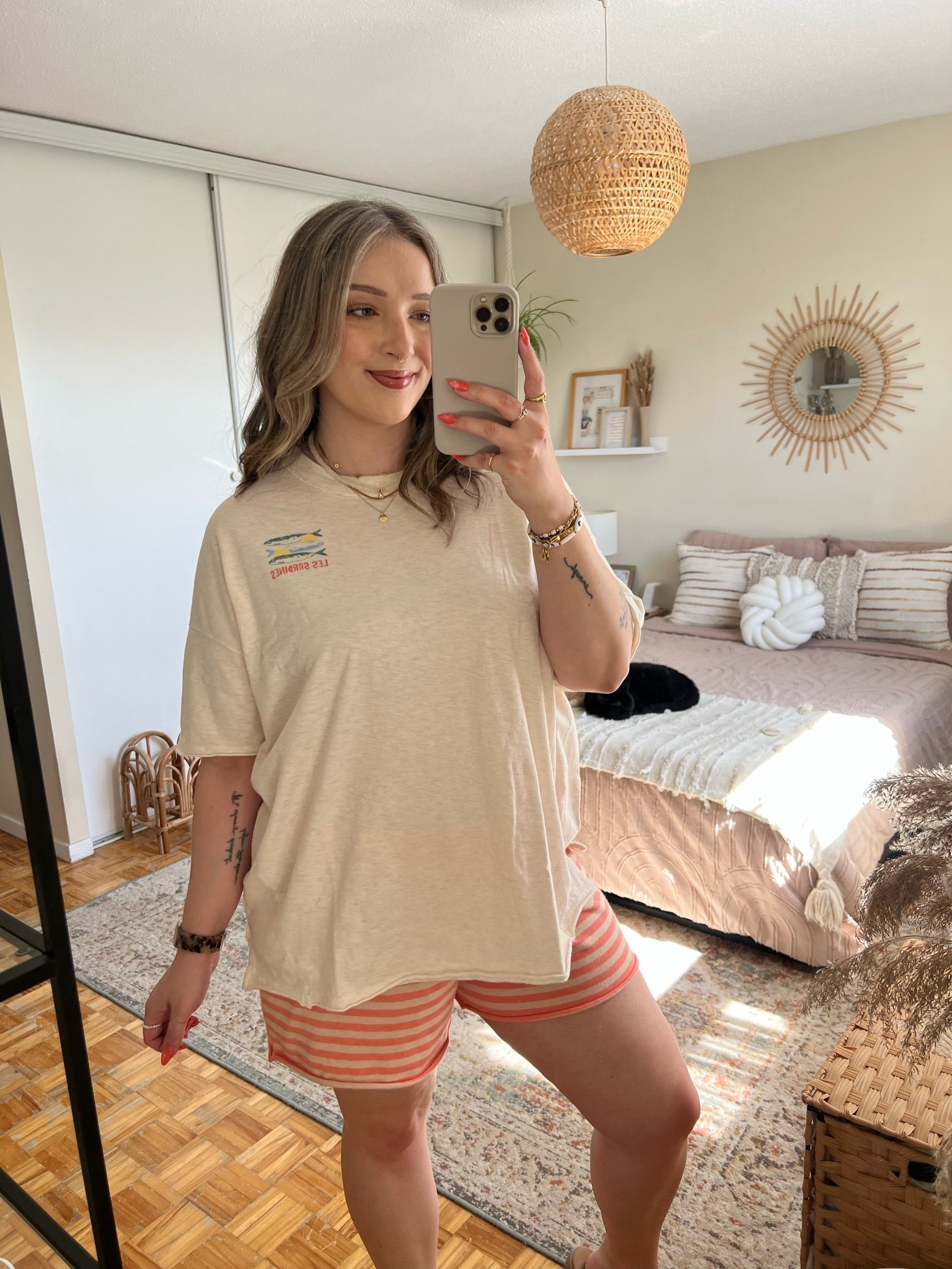Comfy summer outfit! Wearing my usual L in both the striped shorts and sardine graphic tee!

#LTKsummer #LTKmidsize #LTKsale