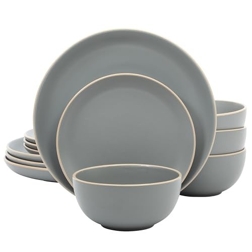 Gibson Home Rockaway 12-Piece Stoneware Dinnerware Set, Matte Finish, Service for 4, Modern Ceramic Plates and Bowls, Microwave & Dishwasher Safe – Soft Gray - Service for 4 | Amazon (US)