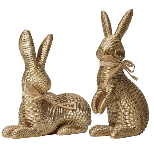 DN DECONATION Easter Decorations Bunny Figurines Set, Rattan Effect Resin Gold Bunnies Standing & Lying with Bow, Farmhouse Spring Tabletop Decor for Mantel Shelf Office Home Gift | Amazon (US)
