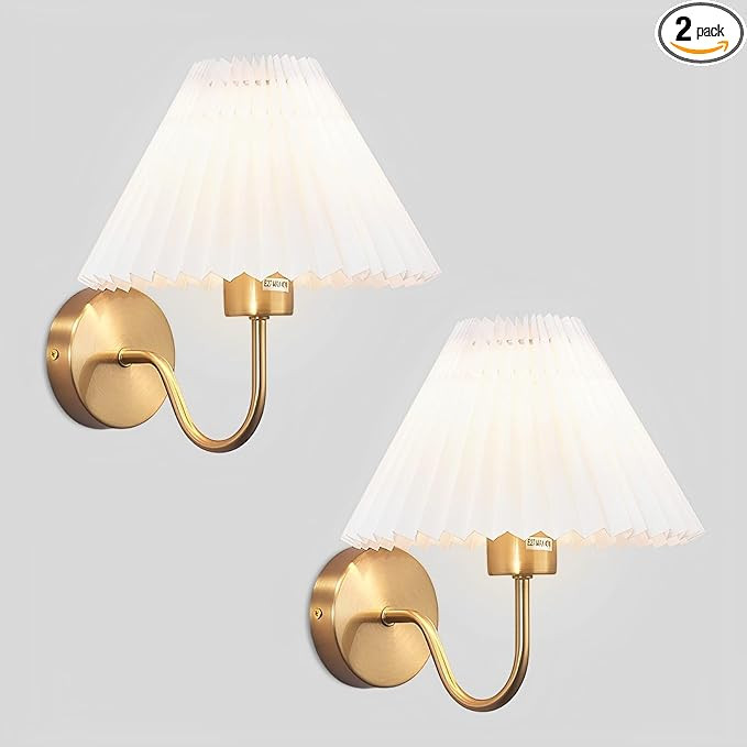 Gold Wall Sconces Sets of 2, Pleated Fabric Wall Lamp Bedside Wall Light Bathroom Dresser Vanity ... | Amazon (US)