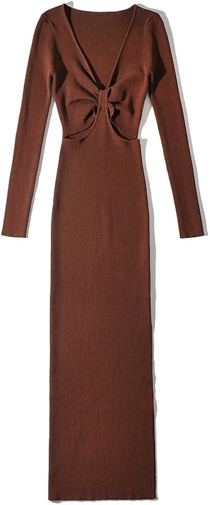 Winter Dress Minimalist Solid Color Women's Knitted Dress with Hollow Out Sexy Long Sleeved Slim ... | Amazon (US)