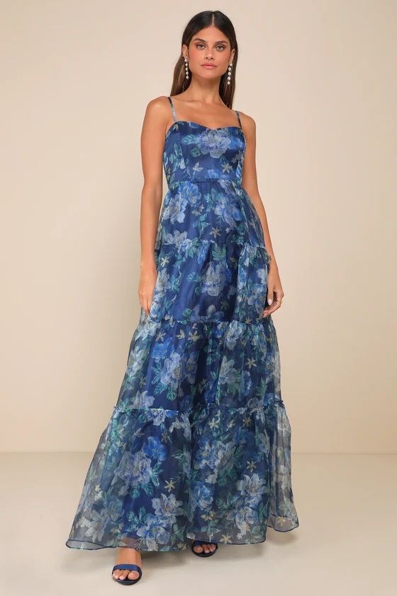 Exclusive Glamour Blue Floral Organza Tiered Maxi Dress | Lulus