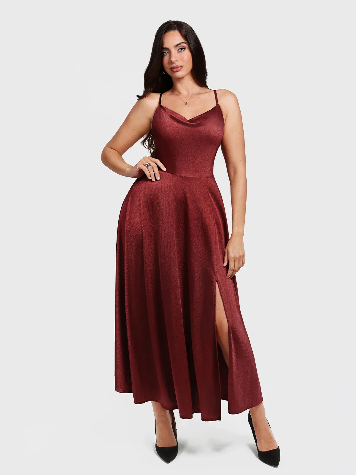 Shapewear Strappy Cowl Neck Fit & Flare Maxi Dress Red / XXL | Popilush