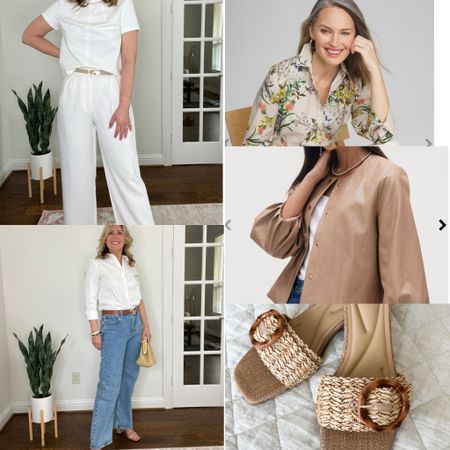 5 spring fashion trends to add to your closet right now! 1. Cream tailored pants. High rise. Run tts. 2. Relaxed 90s style denim. Run tts. Slight stretch. 3. Floral button up shirt. No iron. 4.beige balloon sleeve faux leather jacket. Fully lined. Runs tts. 5. Raffia slides. Extra comfortable. Runs tts. 
Shoes discount code: CINDY20 

#LTKover40 #LTKfindsunder100 #LTKstyletip