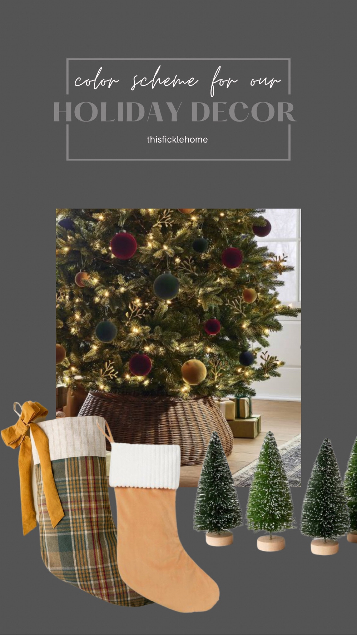 Green and red Christmas decor, velvet Christmas bulbs, velvet stocking, plaid stocking, bottle brush trees.

#LTKHoliday #LTKhome