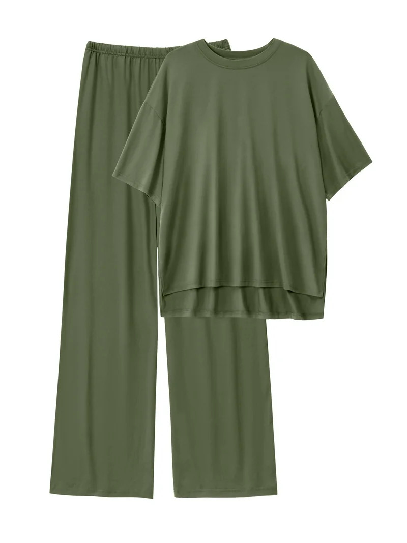 MINTREUS Lounge Sets for Women Knit Short Sleeve Tops and Long Pants Soft Comfy Pajamas Set Overs... | Walmart (US)