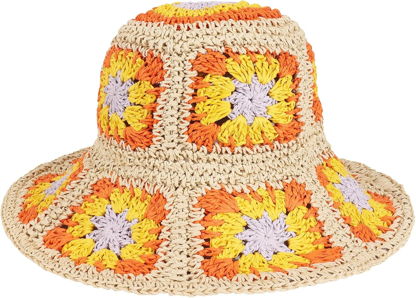 Multicolor Floral Crochet Straw Sun Hat Foldable Packable Wide Brim Bucket Hat Summer Beach Hat f... | Amazon (US)