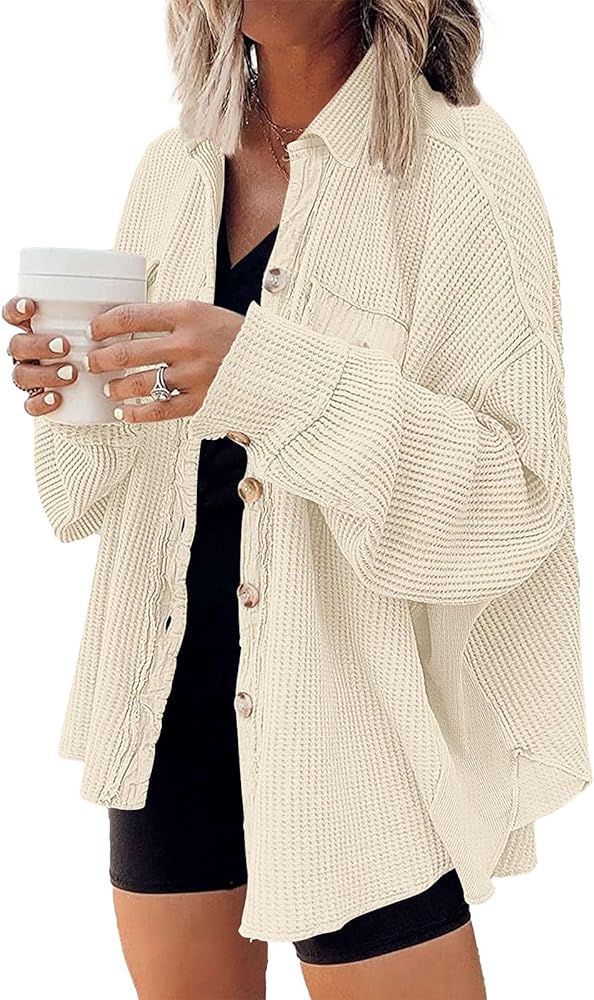 AUTOMET Womens Shacket Jacket Waffle Knit Oversized Button Down Shirts Fall Outfits 2024 Fashion ... | Amazon (US)