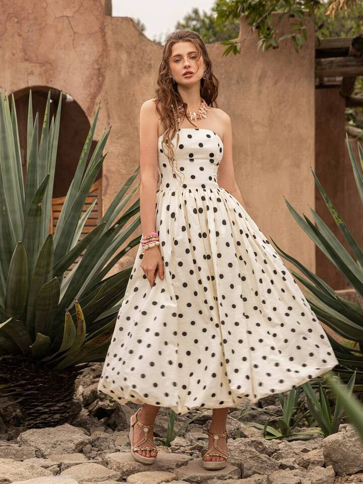 Faeriesty Faeriesty BohoBloom Strapless Polka Dot Dress - Boho Vacation Outfit For Beach Escapes, Garden Brunches, Cultural Tours, Summer Evenings | SHEIN
