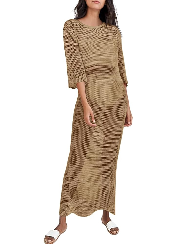 Women's Crochet Cover Ups for Bikini Swimsuit Half Sleeve Bathing Suit Rainbow Swimwear Long Beac... | Amazon (US)