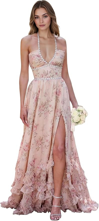 Floral Printed Chiffon Prom Dress for Carmen 2025 Long V Neck Floor Length Photoshoot Dress with ... | Amazon (US)