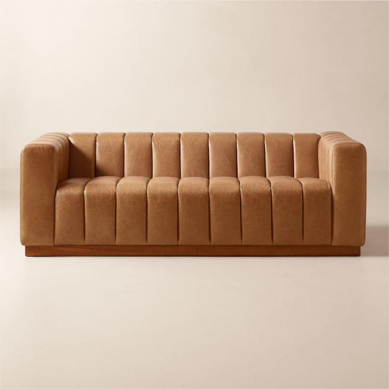 Forte 81" Channeled Saddle Leather Sofa with Walnut Base | CB2