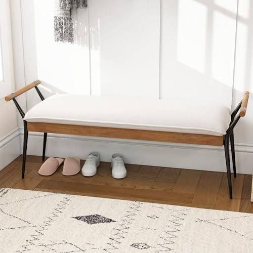 LukeAlon Modern Chenille Entryway Bench, Upholstered End of Bed Bench with Arms Classic Bedroom Ottoman Bench with Metal Legs Elegant Footstool for Entrance Living Room, White | Amazon (US)