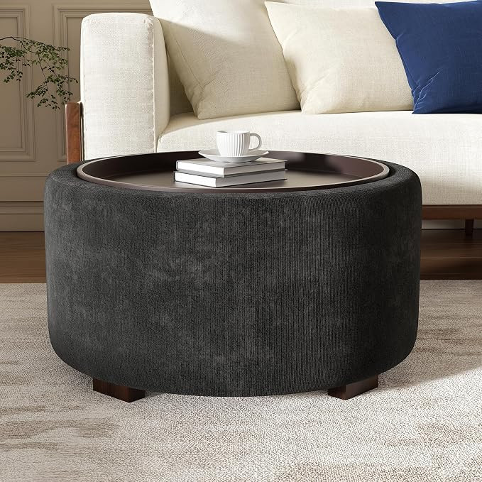 30" Round Ottoman with Storage Circular Coffee Table with Removable Wood Top and Solid Wood Legs ... | Amazon (US)