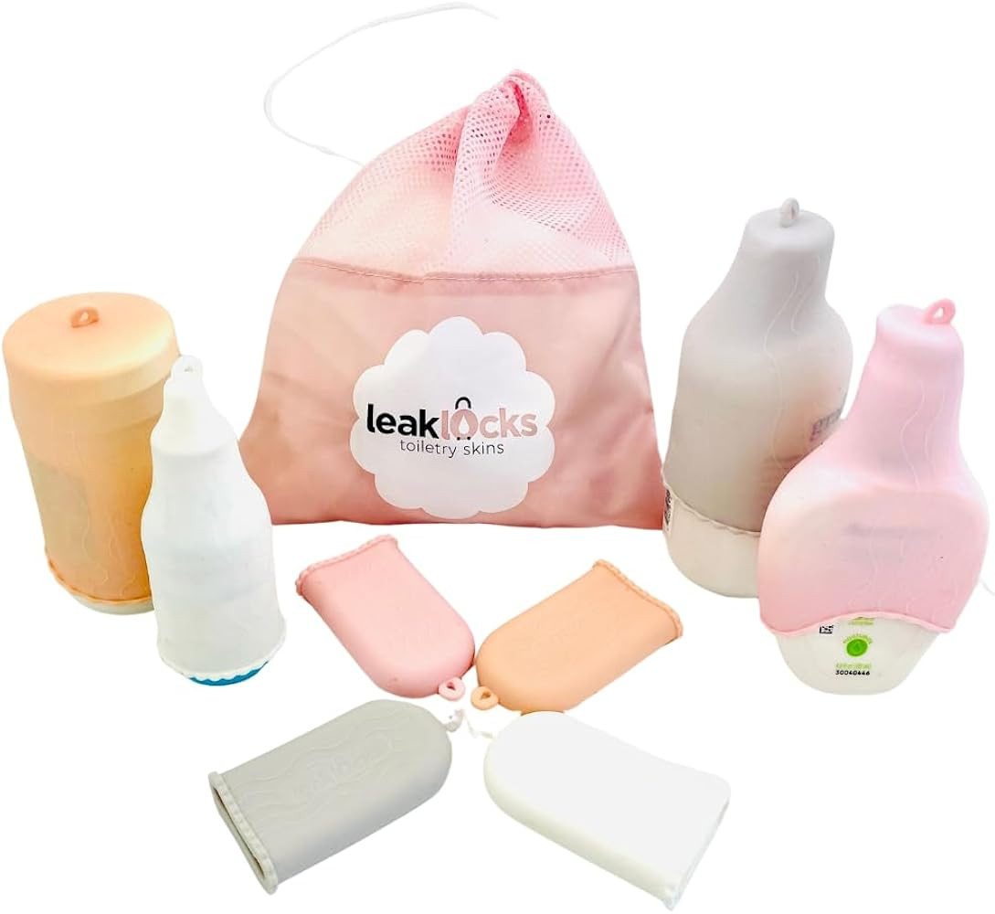 LeakLocks® Toiletry Skins 4-Pack w/Travel Bag. Elastic Sleeve for Leak-Proofing Travel Container... | Amazon (US)