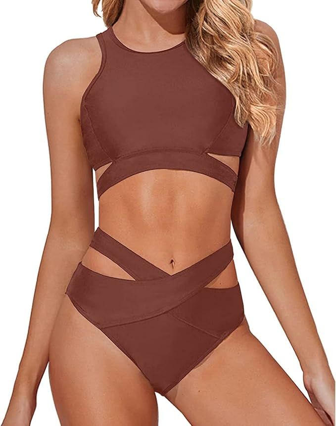 Tempt Me Women Two Piece High Neck Bikini Set Cutout Swimsuit Criss Cross Bandage Bathing Suit wi... | Amazon (US)