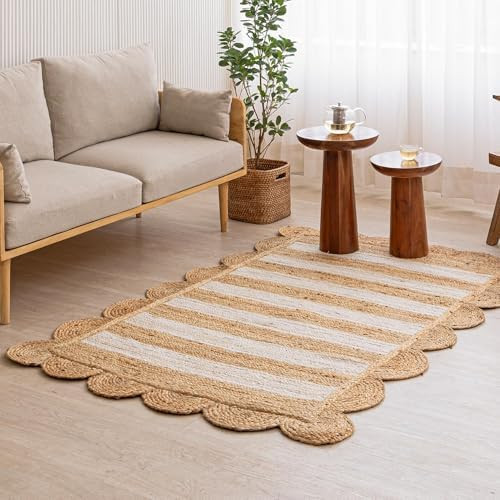 HOMEMONDE Scallop Jute Rug - 5'x8' Natural Fiber Boho Farmhouse Style Décor - Handmade Rustic Vi... | Amazon (US)