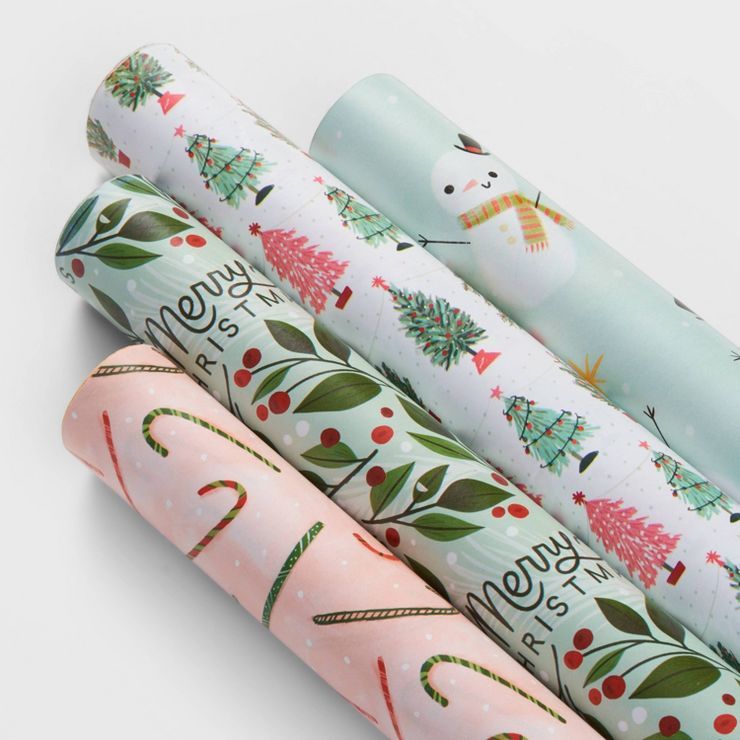 4pk 120 sq ft Merry Christmas/Candy Canes/Trees/Snowman Gift Wrap - Wondershop™ | Target