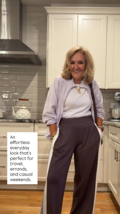 This sporty-chic outfit is the perfect blend of comfort and style for travel days, weekend errands, or everyday wear. The striped wide-leg pants, classic white tee, lightweight zip jacket, and neutral sneakers make getting dressed effortless while still looking polished.

💡 LTK MADE EASY
❤️ Heart = Support my posts!
🔖 Save = Get sale & restock alerts
📋 Lists = Keep favorites organized
📲 Share = Send lists and products to a friend. Hello, Christmas List!
💬 Comment = Ask me anything about what I'm wearing. :-)

#LTKootd #LTKTravel #LTKOver40