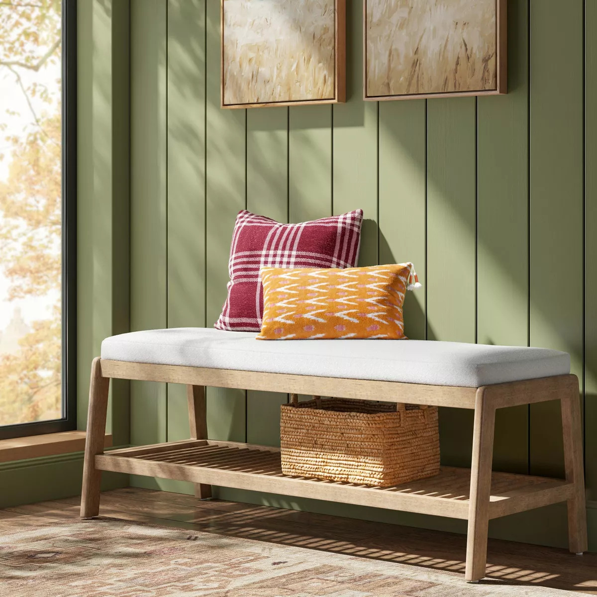 Upholstered Entry Bench with slatted Shelf Cream Boucle - Threshold™ | Target
