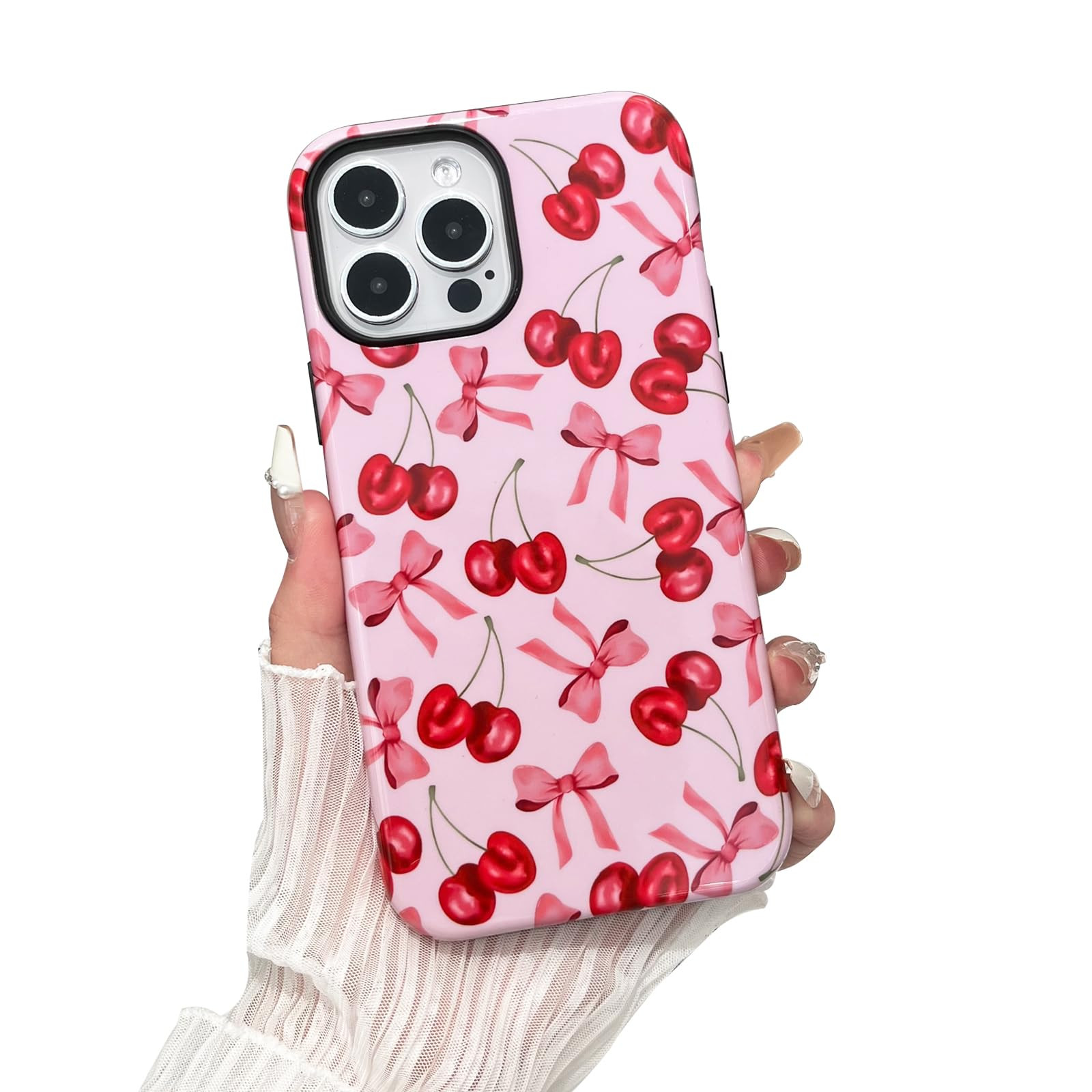 Compatible with iPhone 15 Pro Max Case,Cute Pink Cherry Bow Pattern with Shockproof Slim Soft TPU... | Amazon (US)