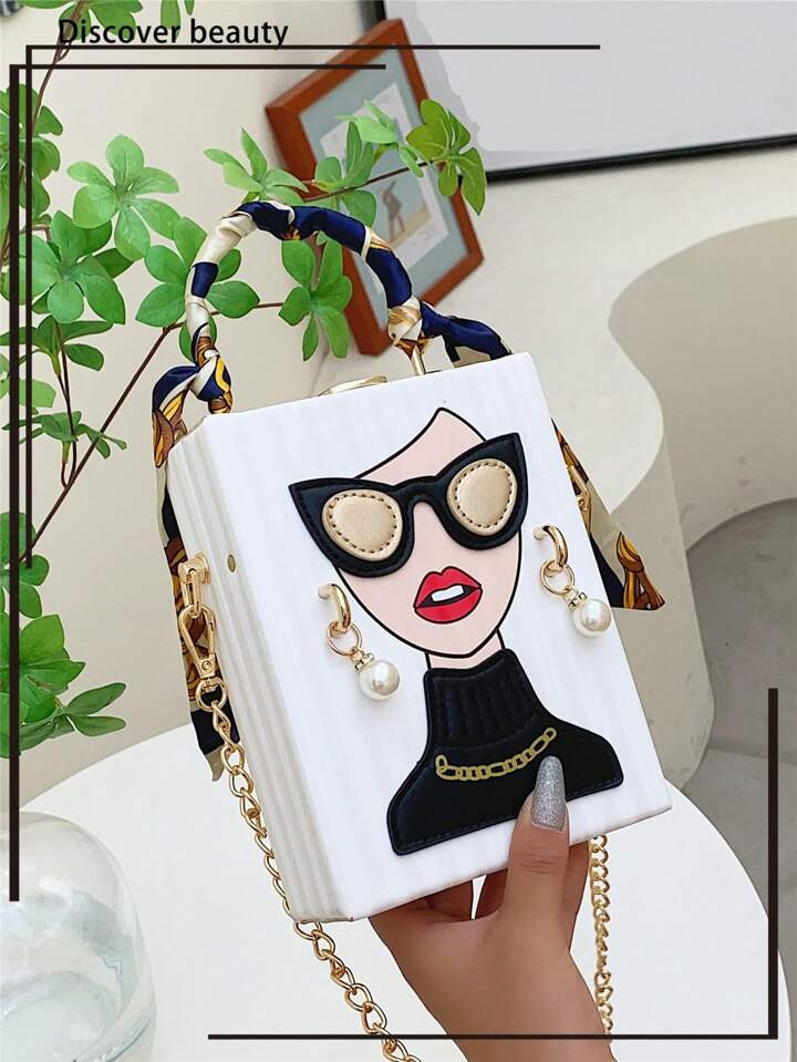 1pc New Fashion Silk Scarf Storage Box Bag, Pearl Decor Handbag With Chain Strap, Hard Case Cross... | SHEIN