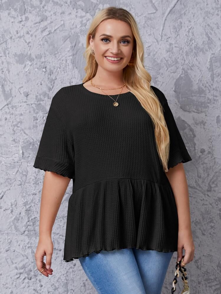 Plus Solid Ruffle Hem Waffle Knit Tee | SHEIN