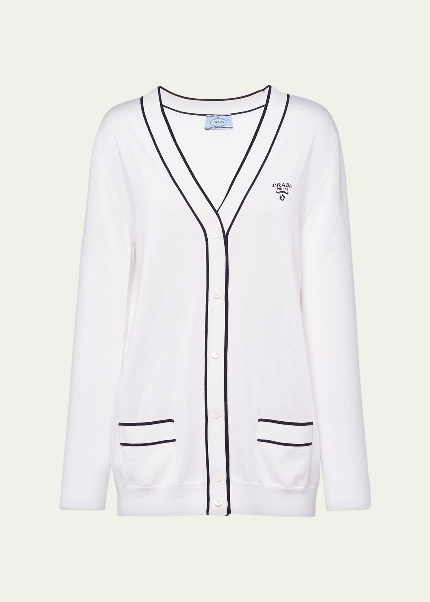 Prada Logo-Intarsia Silk Cardigan w/ Contrast Tipping | Bergdorf Goodman